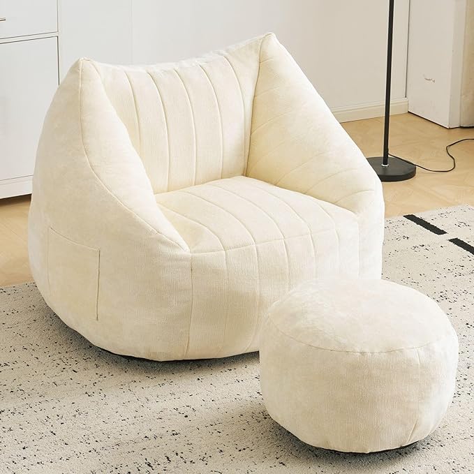Giant Bean Bag Chair with Ottoman for Adults, Oversized Bean Bag with Filling Plush Fluffy,BeanBag Floor Sofa Chair with with Back Support for Living Room, Bedroom, Reading,Beige