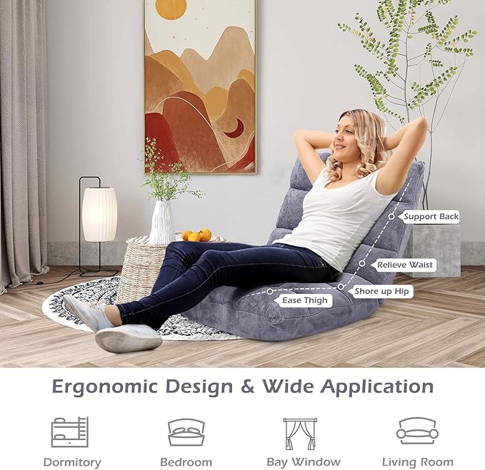 Floor Chair with Back Support, Foldling Gaming Sofa Chair with Comfy Cushion, Adjustable 14-Position Meditation Chairs, Lazy Lounge Recliner Reading Seat for Adults, Kids (Grey)