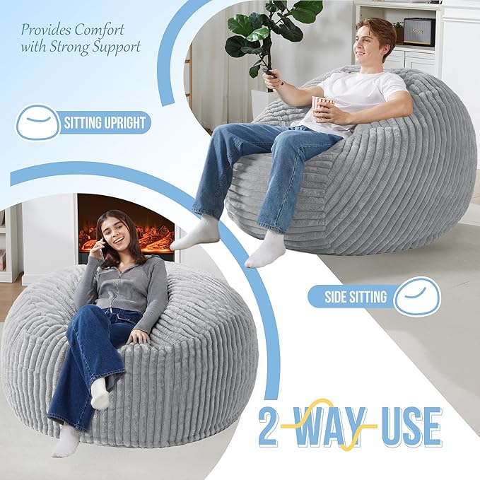 Homguava 4 FT Bean Bag Chair,4' Big Bean Bag,Large Bean Bag Chairs for Adults with Memory Foam Filled,Comfy Beanbag Chairs Soft Bean Bag Sofa with Dutch Corded Plush Cover-Light Grey