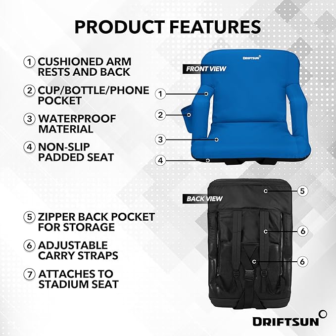 Driftsun 2 Pack Standard Size Stadium Seats with Back Support - Deluxe Foldable Stadium Chairs for Bleachers - Folding Waterproof Sport Chair - Easy to Transport