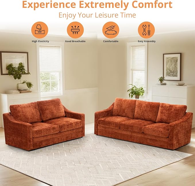 ACMEASE 83 Inches Chenille 3-Seat Sofa w/Comfortable Back Cushions, Modern Sofa w/Deep Seat Space, Upholstered 3 Seater Couch w/High Resiliency Foam for Living Room, Orange