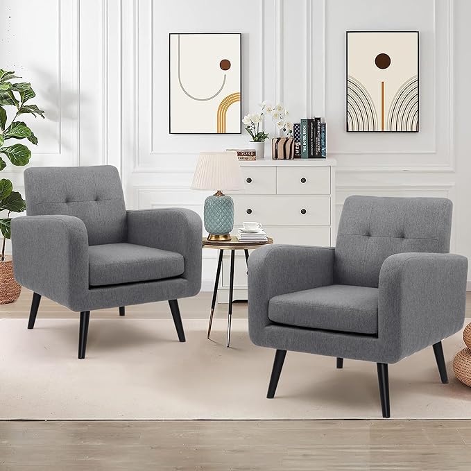 LSSPAID Accent Chairs Set of 2, Modern Gray Linen Fabric Living Room Chairs, Comfy Upholstered Armchairs Single Sofa Chair with Solid Wood Legs for Apartment, Reading, Office