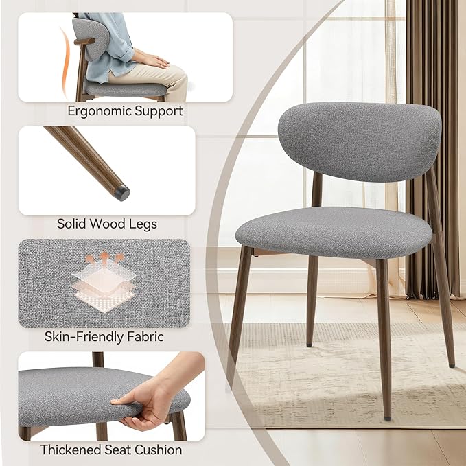 Dining Chairs Set of 2, Curved Back Kitchen Room Chairs with Metal Legs and Anti Slip Pads, Upholstered Dining Chair for Home and Restaurant, Light Grey