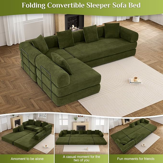 DAMAIFROM 157" Convertible Sleeper Sofa Bed Set with Pillow, 4-in-1 Corduroy Folding Mattress Boneless Couch with Fixed-Shape Frame, Fold Out Floor Sofa Cama Lounge Couch for Living Room, Olive Green