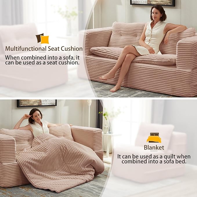 80" Foldable Floor Couch, 3-Seat Convertible Sleeper Sofa with Chaise Lounge, Blanket and 3 Soft Pillows, Corduroy Fabric, for Living Room, Bedroom, Apartment, No Assembly Required, Pink