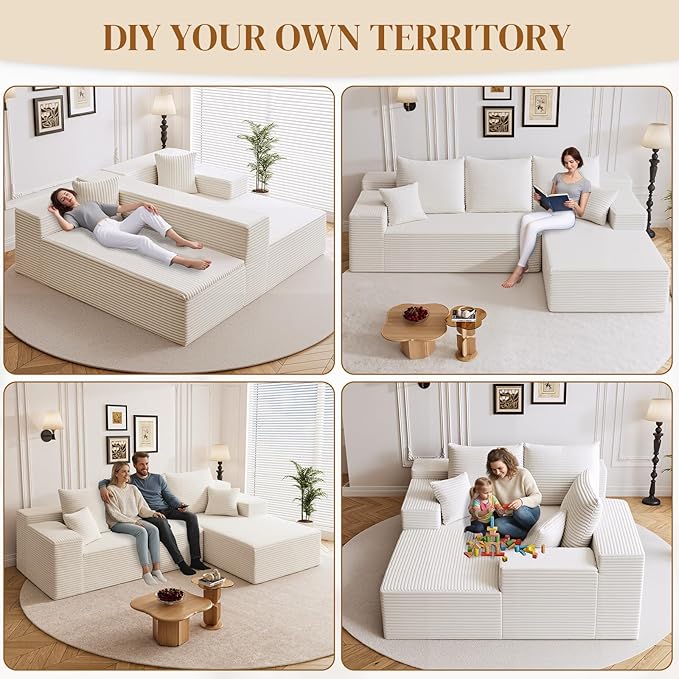 108" Boneless Cloud Sectional Couches for Living Room, Comfy Fluffy L Shaped Memory Foam Deep Seat Boneless Couch, Modular Sectional Sofa with Right Facing Chaise, White