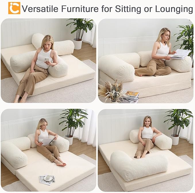 COMAX Futon Sofa Bed, 4-in-1 Floor Foldable Sofa Couch Bed with L-Shaped Armrests, Convertible Folding Chair Bed Sleeper Mattress Fold Out Lounge for Living Room Bedroom, Beige
