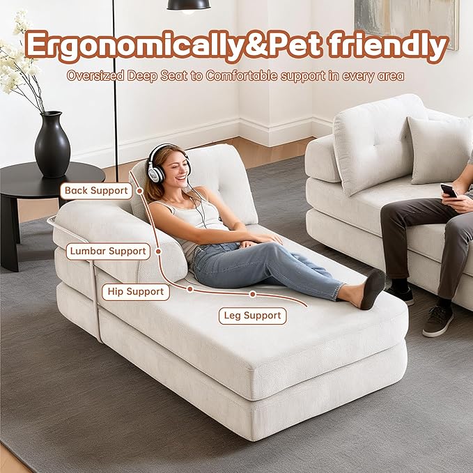104" Oversized Convertible Sleeper Sofa Bed, Chenille L Shape Sectional Couch, Folding Sofa Bed with Fixed-Shape Frame, Modern Cloud Floor Mattress Couch, Modular Sofa for Living Room, Light Grey