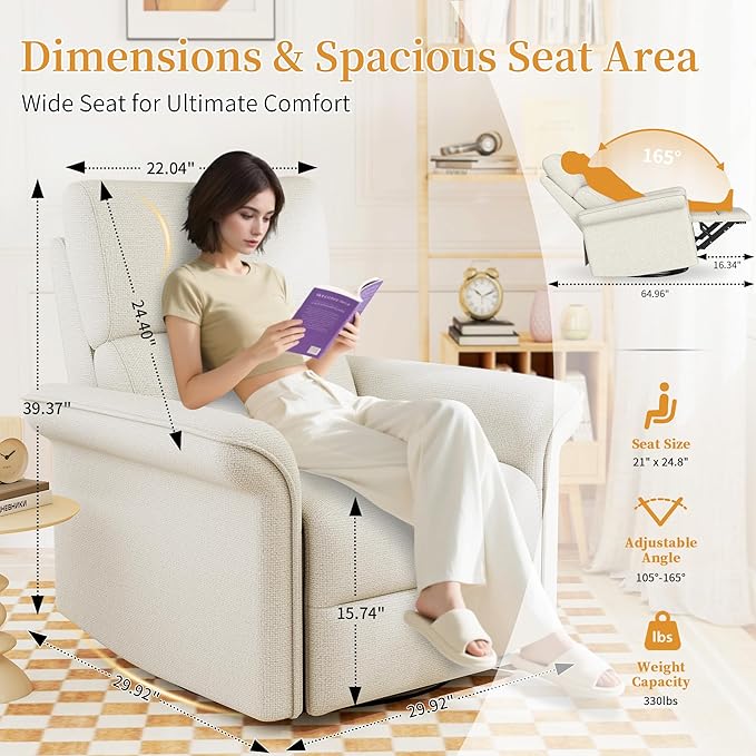QKFF Power Swivel Rocker Recliner Chair for Nursery, Upholstered Snowflake Velvet 270°Swivel Glider Rocker Chair with USB Ports, Small Power Recliners for Small Spaces Living Room