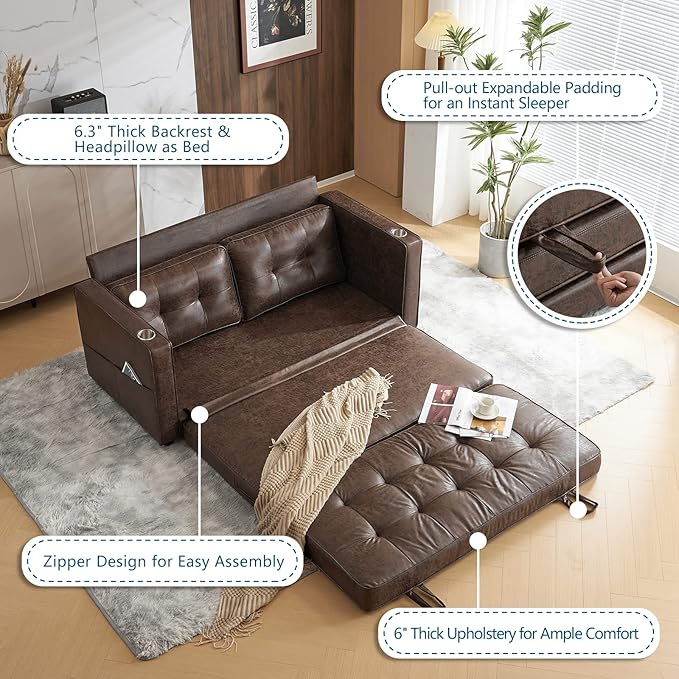 VINGLI Upgraded 64" W 84" L Full Size Futon Sofa Bed, 6" Thick Upholstery Rustic Microfiber Loveseat Sofa Sleeper Pull Out Couch,Convertible Floor Couch for Living Room, Bedroom, Entertainment Room