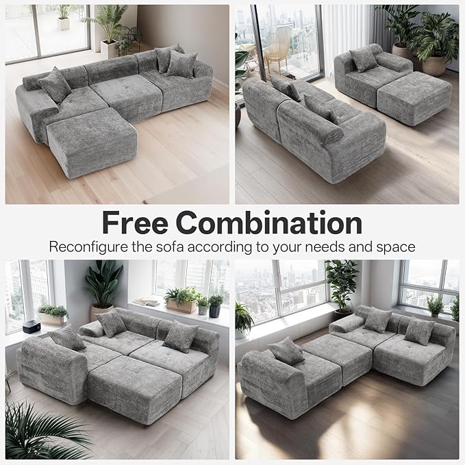119" Modular Sectional Sofa, Cloud-Style Chenille Couch with Deep Seats & Chaise, No Assembly Compression Sectional with Throw Pillows for Living Room, Apartment, Bedroom, Grey