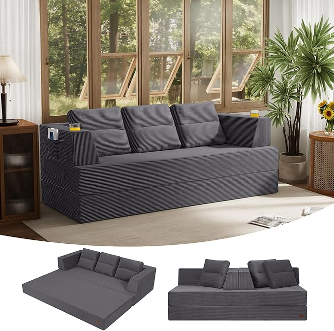COMAX Futon Sofa Bed Queen, 79" Convertible Sofa Bed Couches for Living Room, 4 in 1 Folding Boneless Sleeper Corduroy Couch Loveseat Foam in a Box, Comfy Foldable Lounge Fold Out Floor Mattress Grey