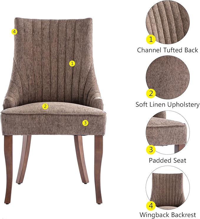 mikibama Linen Dining Chairs Set of 2 Channel Tufted Kitchen Dinner Chair Comfy Fabric Upholstered Accent Chair for Dining Room with Solid Wood Legs (Brown)