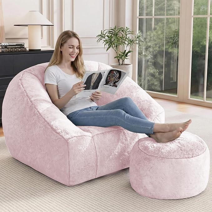 Bean Bag Chairs with Ottoman for Adults, Comfy Beanbag Chair with High-Resilience Foam, Oversized Bean Bag Sofa with Soft Faux Fur Fabric, Bean Bag Chair for Living Room,Bedroom,Pink