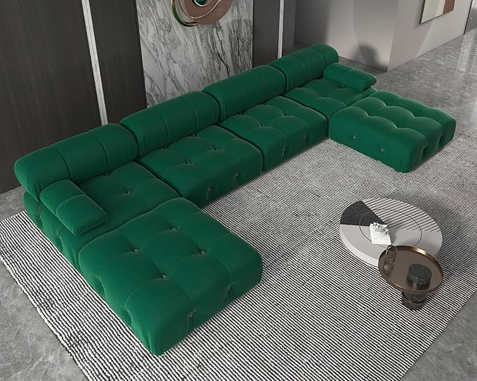 JACH 138" Convertible Modular Sectional Couch, U-Shaped Minimalist Velvet Sofas, Mid-Century Modern Comfy Sectional Couches with Chaise Ottomans for Living Room Office Apartment (Green)