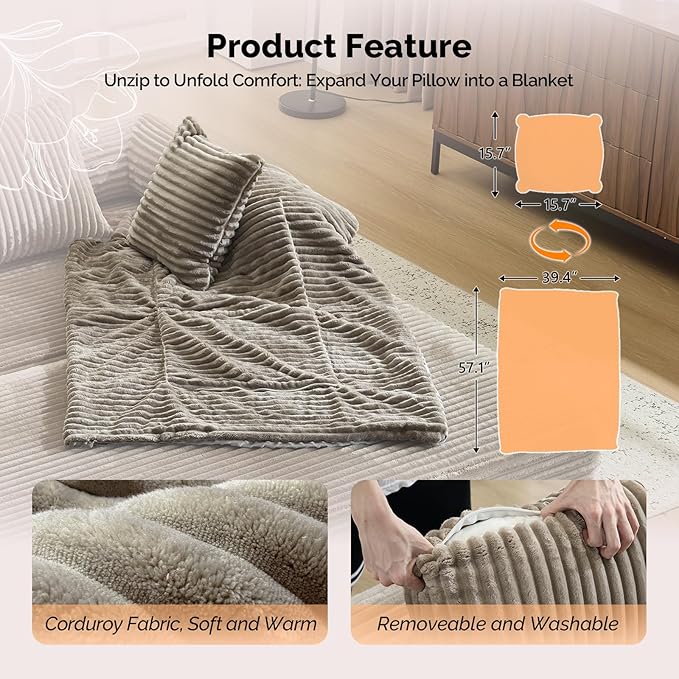 VINGLI Convertible Futon Sofa Bed, Upholstered Corduroy Boneless Couch King Size Floor Loveseat Sleeper Sofa with 2-in-1 Throw Pillow, Couches for Living Room, Bedroom, Lounge, Gray
