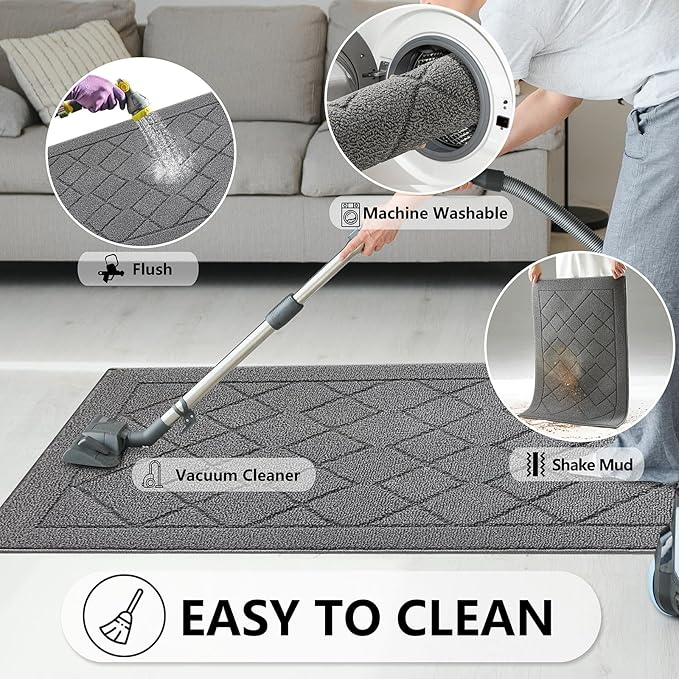 REFETONE Indoor Doormat, Front Back Door Mat 20"x32" Rubber Backing Non Slip Mats, Absorbent Washable Entrance Doormat for Entryway, Resist Dirt Low-Profile Inside Floor Mats for Muddy Shoes, Grey