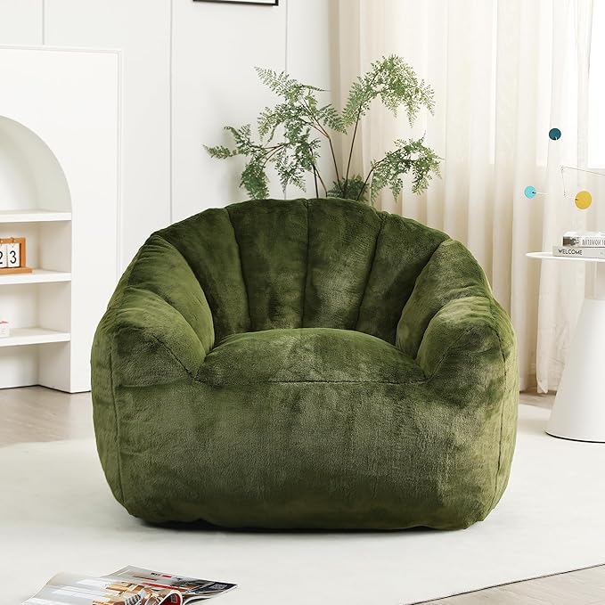 Setawix Giant Bean Bag Chair with Filler, Comfy Faux Fur Bean Bag Chairs for Adults and Kids, Lazy BeanBag Sofa Stuffed Floor Sofa with Memory Foam for Bedroom Apartment Living Room,Green