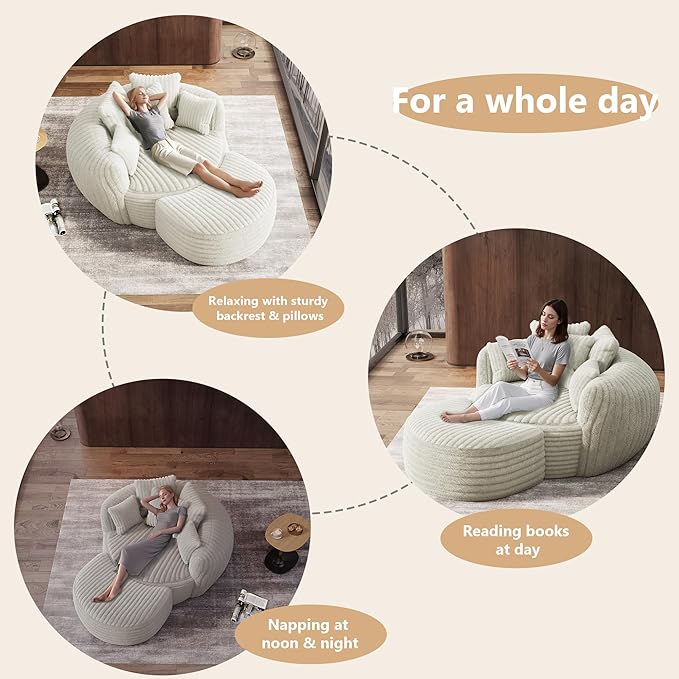 Oversized Chaise Lounge Chair Indoor with Ottoman 50.5" W x 67.0" D Round Soft Corduroy Comfy Oversized Reading Chair with 5 Pillows for Living, Reading Room - Beige White