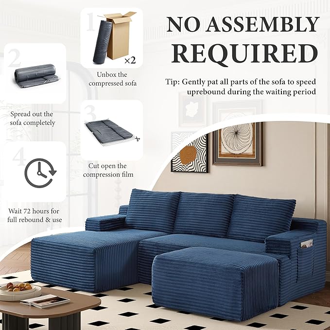 96" Sectional Couches for Living Room Cloud Couch Sofa with L-Shape Upholstered Boneless Couchs Modern Modular Sectional Couch with Chaise (Bule, 96" W+Left Facing Chaise+2Seaters+Ottoman)
