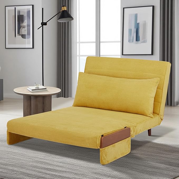 CITTANEO 42" Convertible Sleeper Chair, 3-in-1 Chair Bed Sleeper for Adults with Adjustable Backrest, Pillow & Wooden Arms, Loveseat Sofa Bed for Apartment, Office, Mustard Yellow