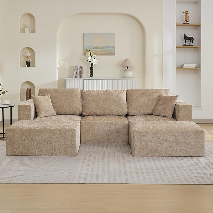 115'' Boneless U Shaped Modular Sectional Sofa, Deep Seat 3 Seater Chenille Couch with 2 Movable Ottomans, Convertible Sleeper Sofa with Chaise for Living Room, Camel