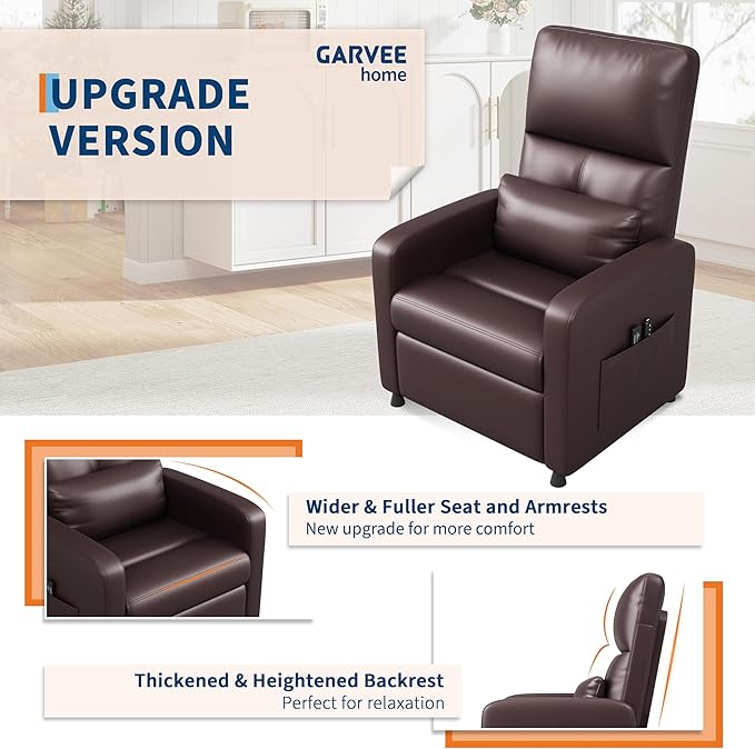 GarveeHome Power Recliner Chair - Heat and Massage, Adjustable Electric Recliner Ergonomic PU Leather Single Sofa, Tall Back, Padded Seat, Home Theater Seating for Living Room