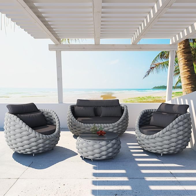 Erotr Aluminum Patio Furniture Set: 4 Pieces Woven Rope Outdoor Conversation Sofa Set Assembled - Modern Cushioned Armchair Couch Set for 660lbs Porch Deck Backyard Poolside Garden Drawing Room Hotel
