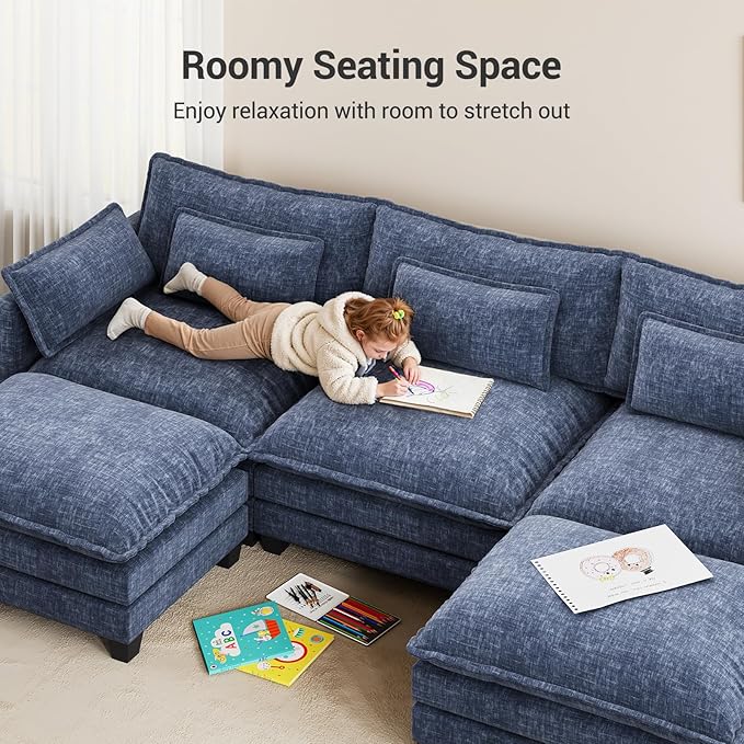 Pipishell 110.6" U-Shaped Modular Sectional Sofa, 5-Seat Modern Chenille Deep Seat Comfy Cloud Couch with 2 Movable Ottoman & Throw Pillows for Living Room, Bedroom and Apartment, Blue