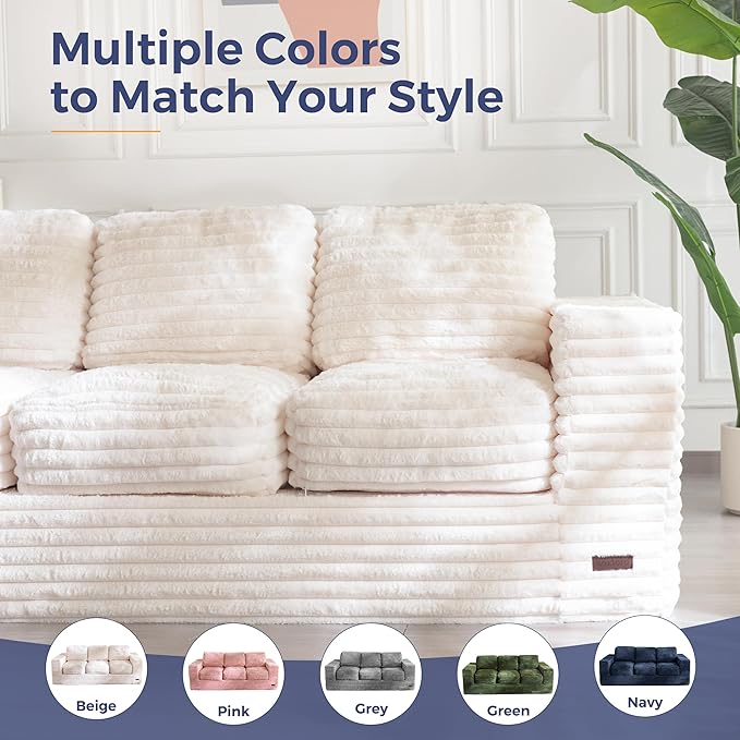 MAXYOYO 3-Seater Boneless Sofa Couch, Modern Faux Fur Sofa for Living Room, Soft Bean Bag Chair High-Density Foam Couch with Pillows, No Assembly Required