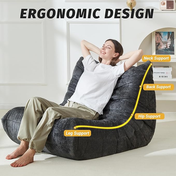 Homguava Bean Bag Chair, Giant Beanbag Chairs for Adults, Memory Foam Fireside Chair, Large Lazy Floor Sofa, Sofa Couch with High-Rebound Foam, Lounge Chair for Living Room, Bedroom (Grey, Single)