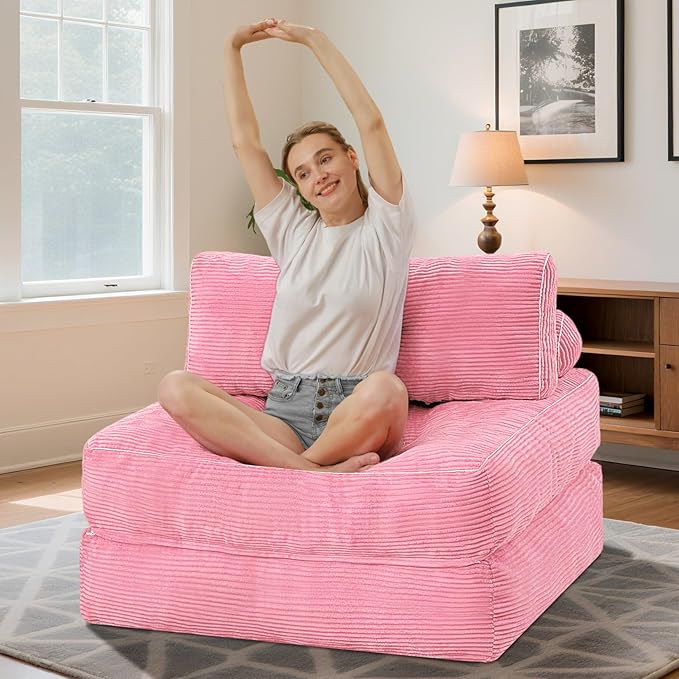 HABUTWAY Folding Sofa Bed, Convertible Sleeper Chair Bed w/Dual-Pillow & Handle, Foldable Floor Sofa Lounge w/Back Support for Living Room, Bedroom, Apartment, Office, Single, Pink