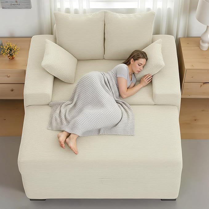Indoor Chaise Lounge Chair with Storage Ottoman, Modern 60-Inch Lounge Sofa Chair with Wide Armrests & 4 Pillows, Oversized Comfy Reading Lounger for Living Room, Bedroom（Medium-Rib Corduroy Beige）