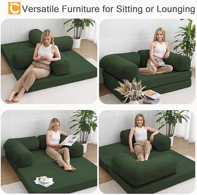 COMAX Futon Sofa Bed, 4-in-1 Floor Foldable Sofa Couch Bed with L-Shaped Armrests, Convertible Folding Chair Bed Sleeper Mattress Fold Out Lounge for Living Room Bedroom, Green