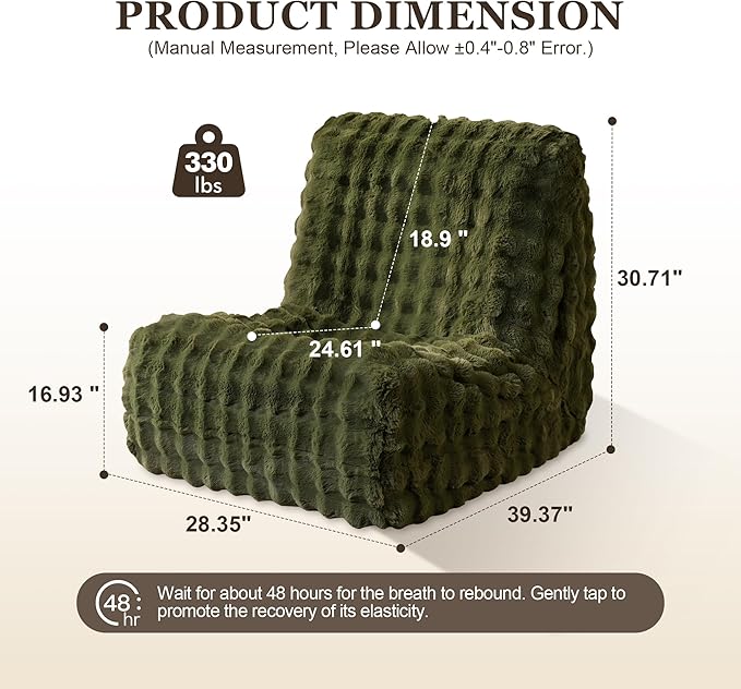Bean Bag Chair for Adults, Lovely Bean Bag Chair with Plush Faux Fur, Lazy Floor Sofa, Comfy Reading Nook Chairs, Couch Single Sofa for Living Room Bedroom Office (Green)