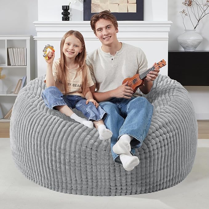 Homguava 3 FT Bean Bag Chair,3' Big Bean Bag,Large Bean Bag Chairs for Adults with Memory Foam Filled,Comfy Beanbag Chairs Soft Bean Bag Sofa with Dutch Corded Plush Cover-Light Grey