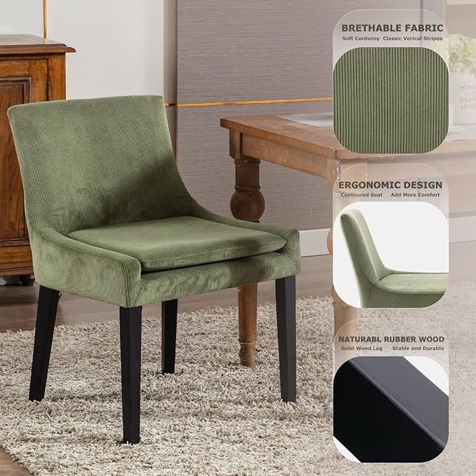 Modern Dining Chairs Set of 4, Upholstered Corduroy Dining Room Chairs with Wood Legs, Mid-Back Padded Kitchen Side Chairs for Dining Room, Green