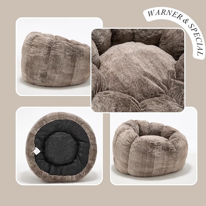 LukeAlon Faux Fur Bean Bag Chair with Filler & Petal Armrest - 44" Extra Large Fluffy Floor Sofa Chair for Adults - Soft Comfy Lounge Chair for Bedroom, Living Room, Game Room (Brown)