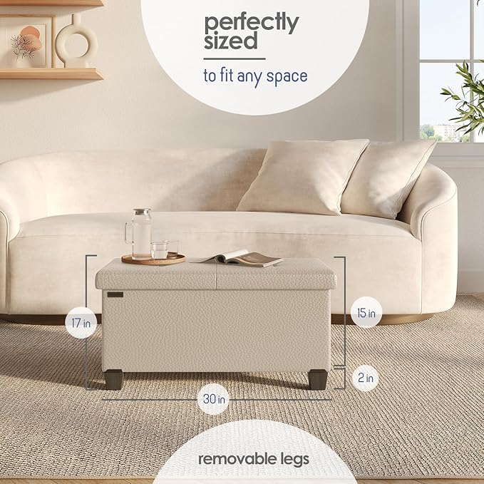 Storage Ottoman Bench with Bins, 30-in Storage Bench for Bedroom End of Bed, Folding Foot Rest Ottoman for Living Room Max 660lbs, Faux Leather Ottomans, Beige