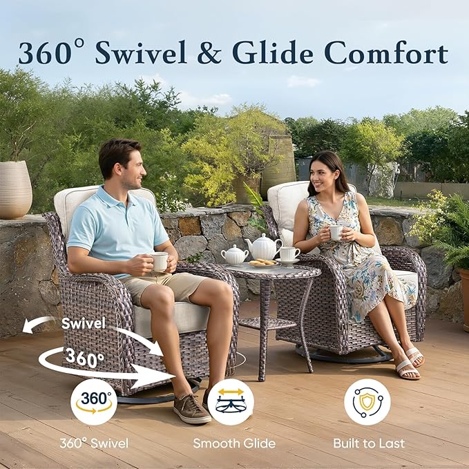 Belord Luxury 6" Thick Cushioned 10 Pieces Patio Furniture Set with Outdoor Couch, Wicker Outdoor Conversation Set with High Back Swivel Rocker Chairs for Deck Porch Yard and Poolside - Brown+Beige
