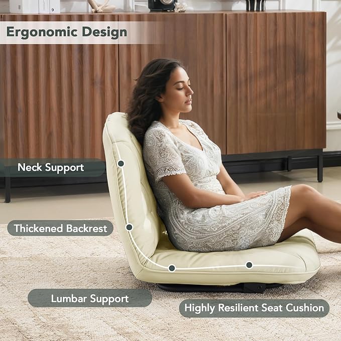 Furniliving 3 in 1 Folding Chair Foldable Floor Chair for Reading, Lounging & Gaming, Portable Camping Chair with Metal Frame Comfy Accent Chair Reading Chair for Indoor, Living Room, PU (Beige)