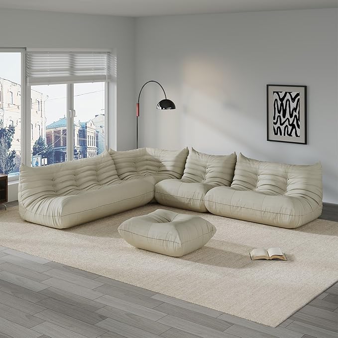 Comfy Lazy Floor Sofa Couch,Soft Armless Chair,Corner Faux Leather Lounge Chair,Corner Relax Sofa Couch for Living Room Bedroom,Salon Office,Adults(Corner+3P++2P+1P+Ottoman)