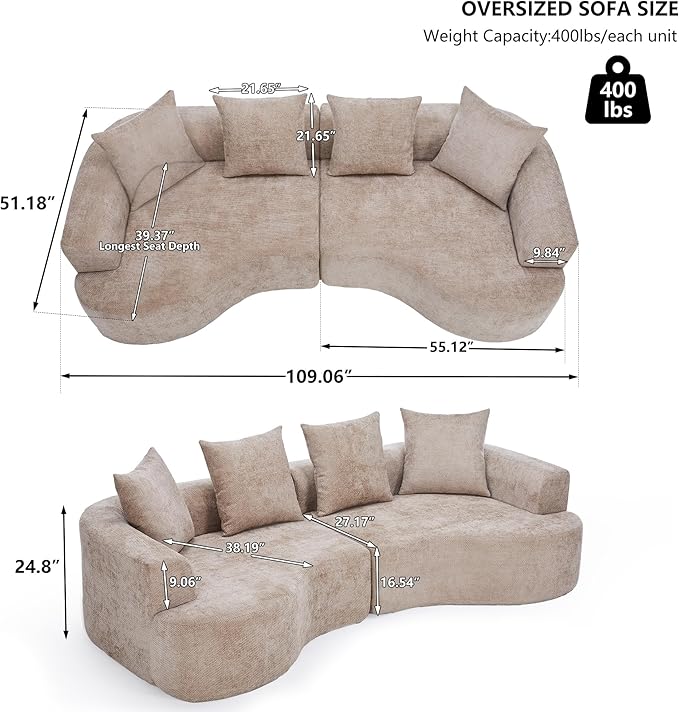 109” Curved Sectional Sofa, Chenille Fabric Modular Cloud Couch, No Assembly Required Half Moon Couch with Deep Seat, 4 Pillows for Living Room, Apartment, Bedroom