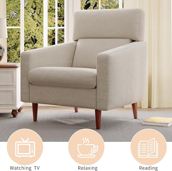 EJUNQ Mid-Century Accent Chair,Fabric Modern Reading Living Room Chairs, Upholstered Armchair with Wood Legs，Cozy Reading Chair for Living Room，Bedroom（Beige