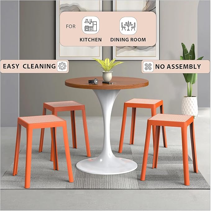 LeisureMod Tresse Mid-Century Modern Square Plastic Dining Stool Set of 2, Stackable Accent Stools with Breathable Seat, Lightweight Seating for Kitchen, Dining Room, Bedroom, or Entryway (Orange)