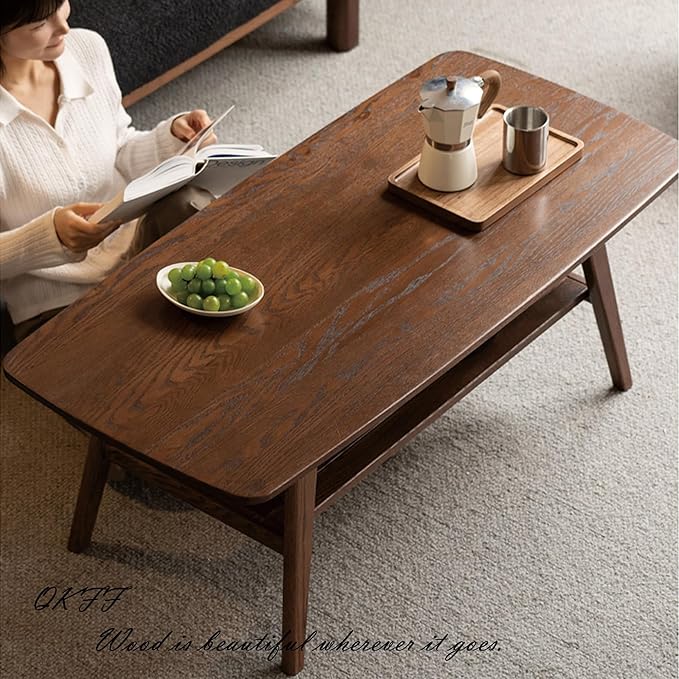 QKFF Modern Solid Wood Coffee Table, 2-Tier Small Wooden Coffee Table with Storage Shelf for Living Room, Apartment, Office, Walnut (32''D x 20''W x 18''H)