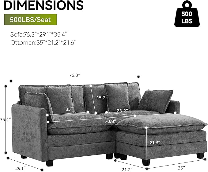 UMBFUN Cloud Couch Loveseat with Ottoman, Oversized Comfy Modular Sectional L Shaped Sofa with Deep Seat Cushions, Chenille 2-Seater Lounge Set for Living Room, Grey