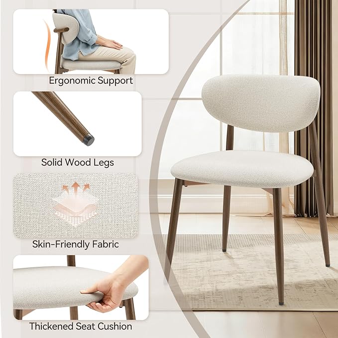 Dining Chairs Set of 6, Curved Back Kitchen Room Chairs with Metal Legs and Anti Slip Pads, Upholstered Dining Chair for Home and Restaurant, Beige