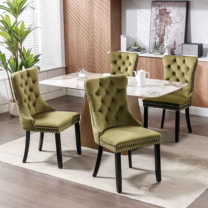 YeahFurn Olive Mid Century Modern Dining Chairs Set of 4, Velvet Upholstered Kitchen & Dining Room Chairs with Nailhead Trim & Solid Wood Legs, Elegant Sillas De Comedor (Olive, 4 Pcs)