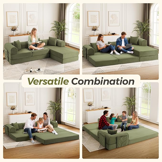 106.3" Oversized Convertible Sleeper Sofa Bed, L Shape Modular Sectional Cloud Sofa with Fixed-Shape Frame, Boneless Couch with Storage Pocket for Living Room, No Assembly Required, Green